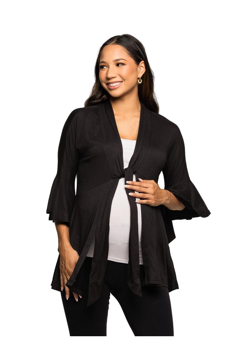 Tie Front Bell Sleeve Cardigan, Main, color, Black