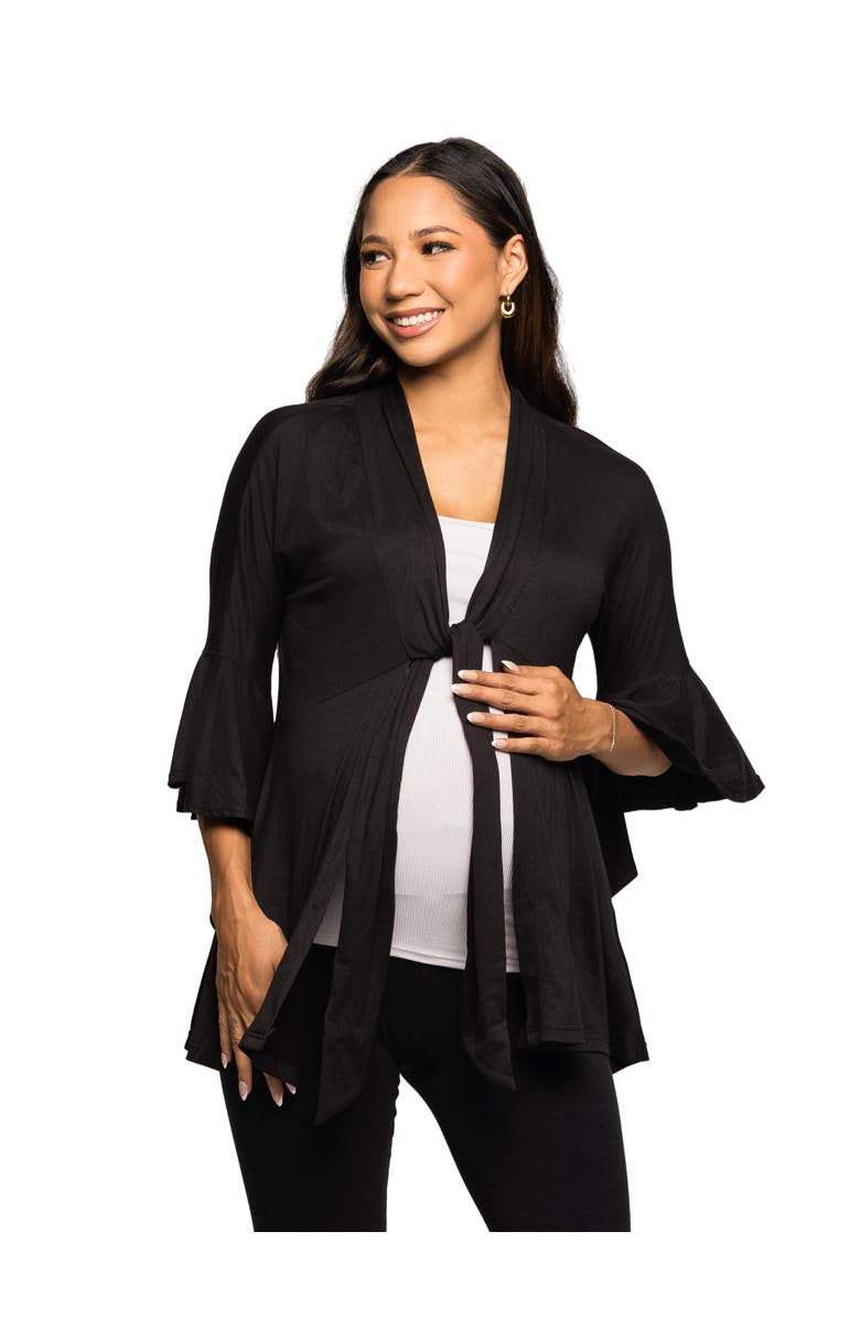 24seven Comfort Apparel Tie Front Bell Sleeve Cardigan, Main, color, Black