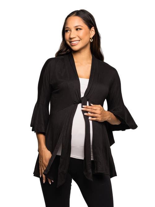 24seven Comfort Apparel Tie Front Bell Sleeve Cardigan In Black
