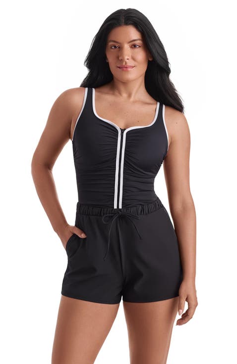 Shirred Zipper Runaround Chlorine Resistant One-Piece Swimsuit
