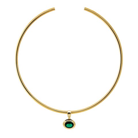 Colored CZ Oval Bezel/ Solid Tube Open Collar Pendant Necklace