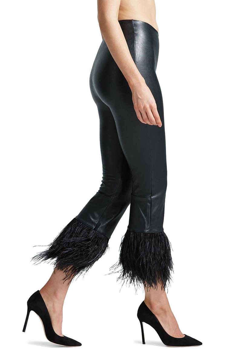 Crop High Waist Feather Trim Faux Leather Leggings, Alternate, color, BLACK