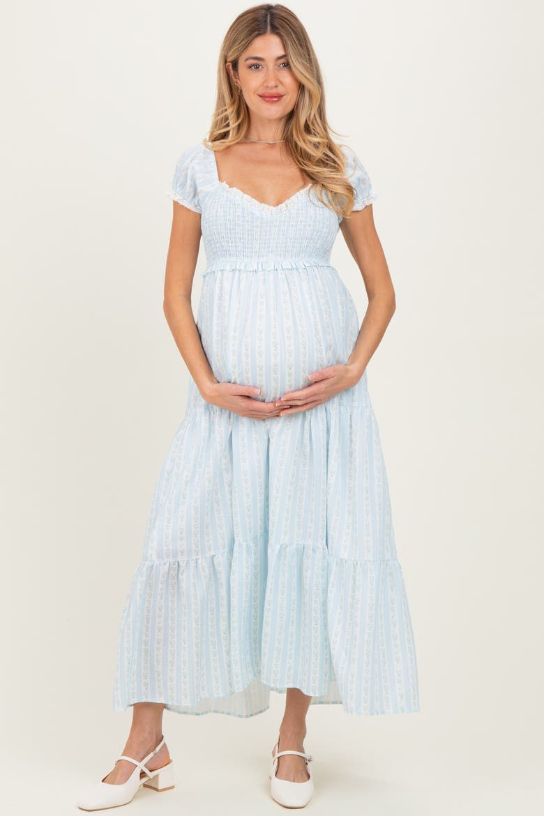 Floral Lace Trim Tiered Maxi Dress, Main, color, Light Blue