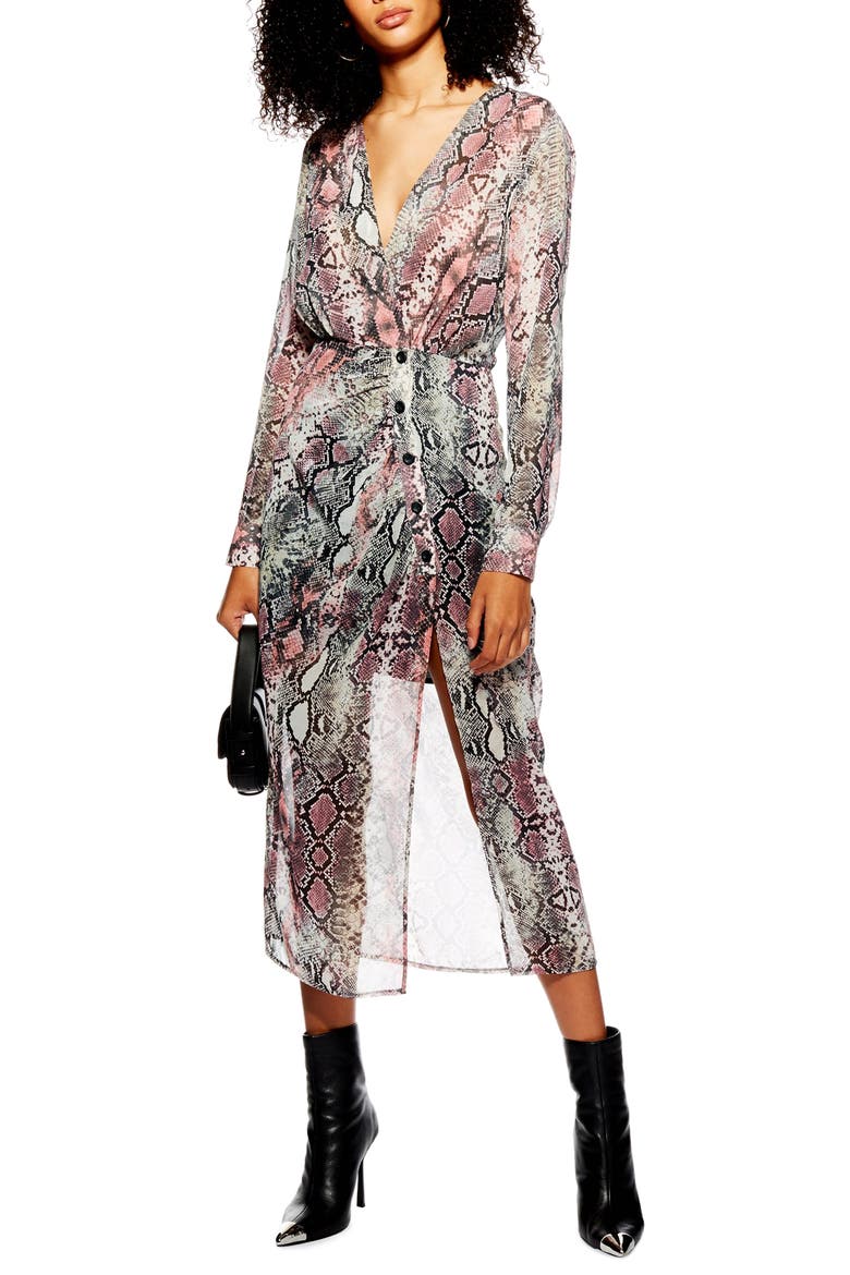 Snake Print Chiffon Midi Dress, Main, color, PINK