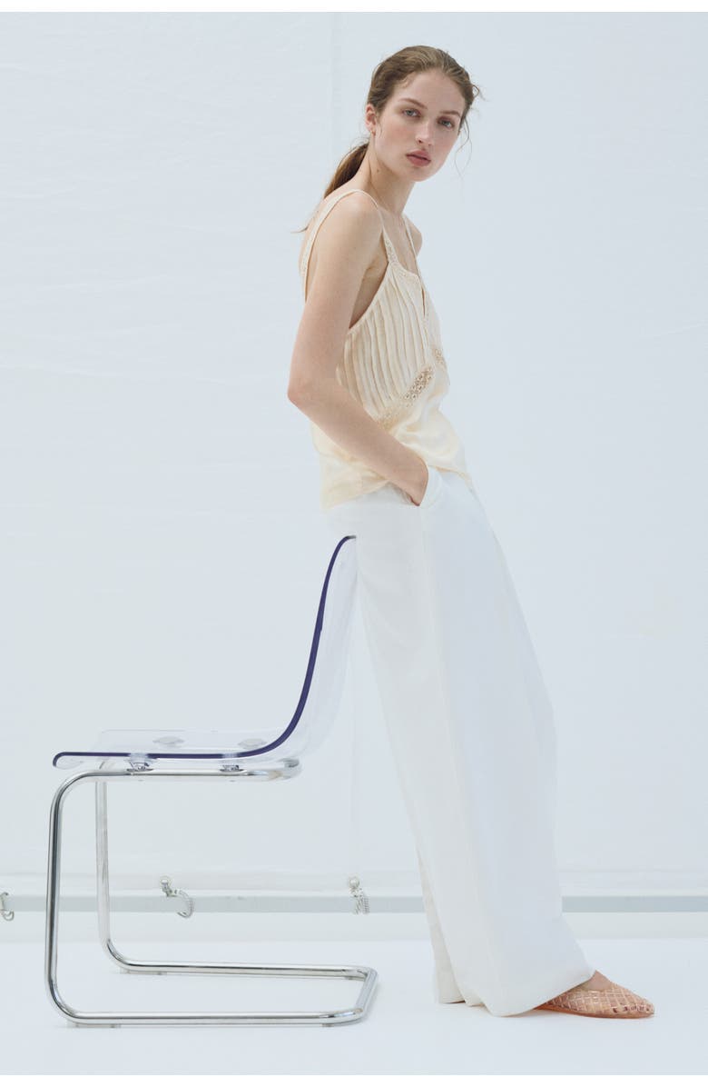 H&M Lace-trimmed Pintucked Top, Alternate, color, Light Beige