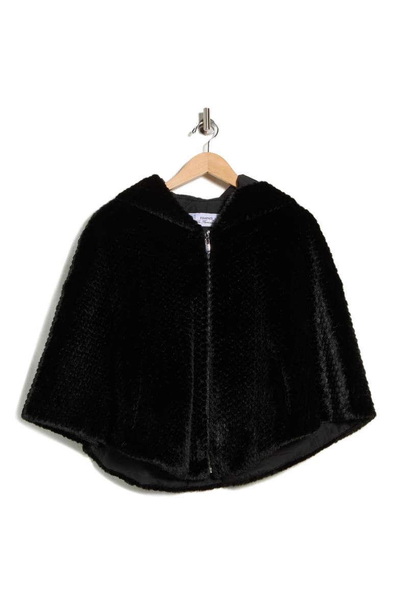 Faux Fur Hooded Cape, Alternate, color, BLACK