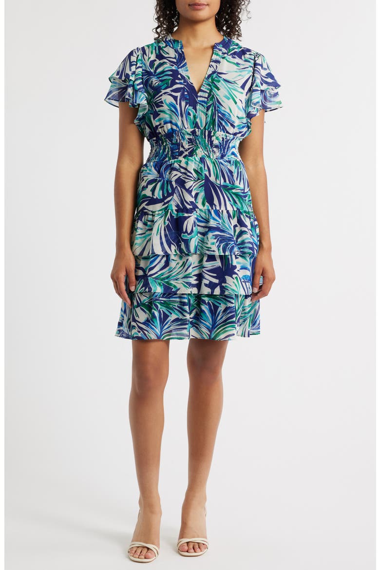 Tropical Print Tiered Dress, Main, color, BLUE MULTI