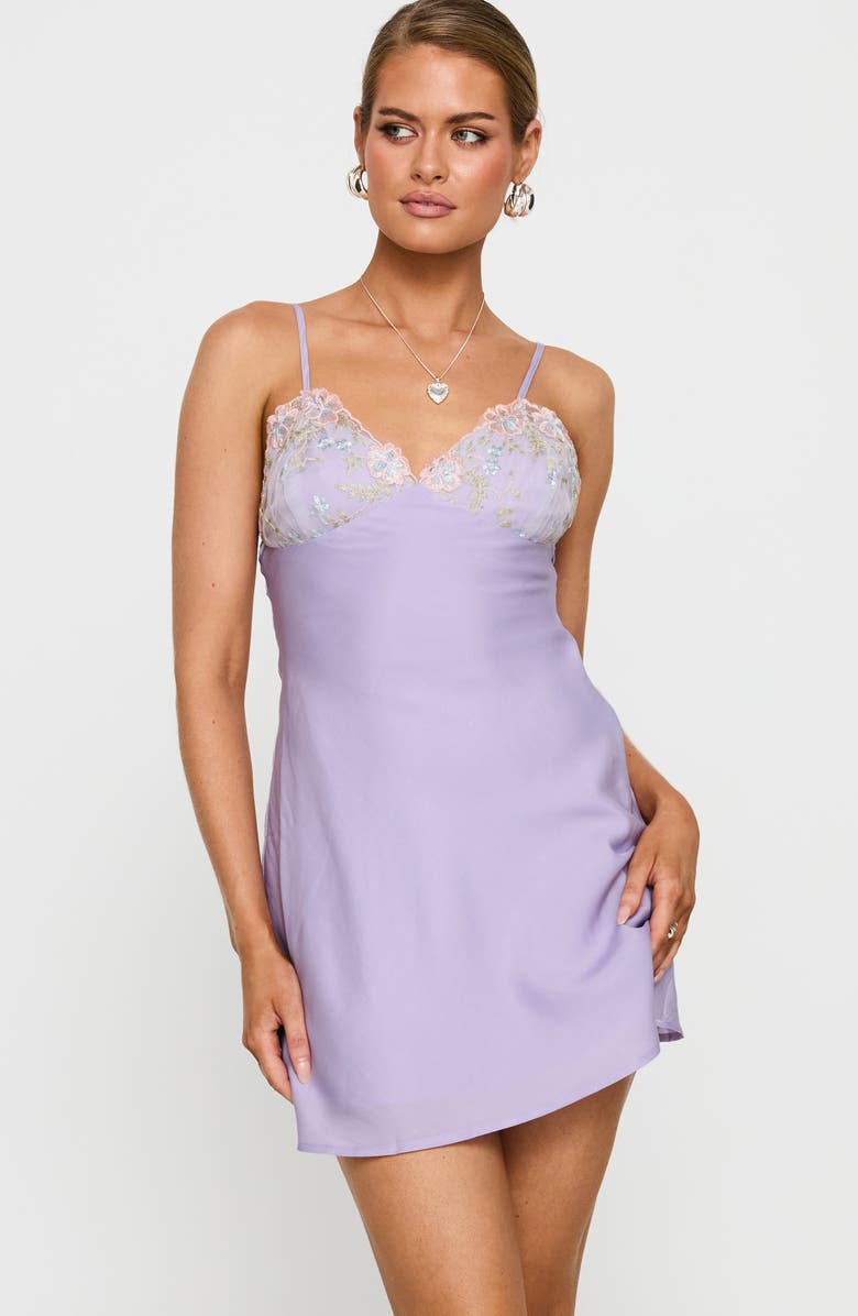 Princess Polly Hintz Embroidered Satin Minidress, Alternate, color, Lilac