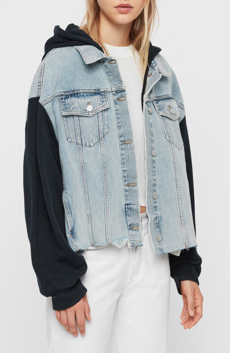 AllSaints Milena Mixed Media Hooded Denim Jacket, Alternate, color, Indigo Blue