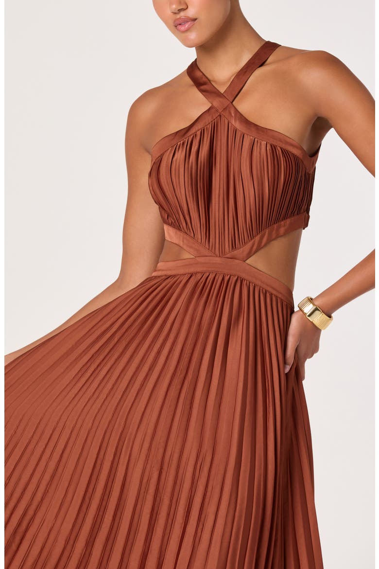 Vera Pleated Cutout Satin Maxi Dress, Alternate, color, RUST