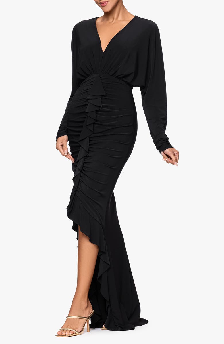 Xscape Evenings Plunge Neck Long Sleeve Ruched High-Low Gown, Alternate, color, Black