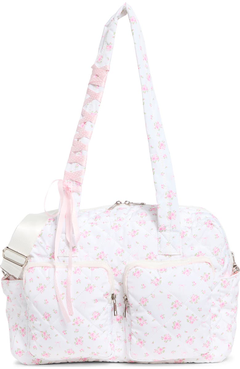 Madden Girl Quilted Duffle Bag, Main, color, Pink Ditsy