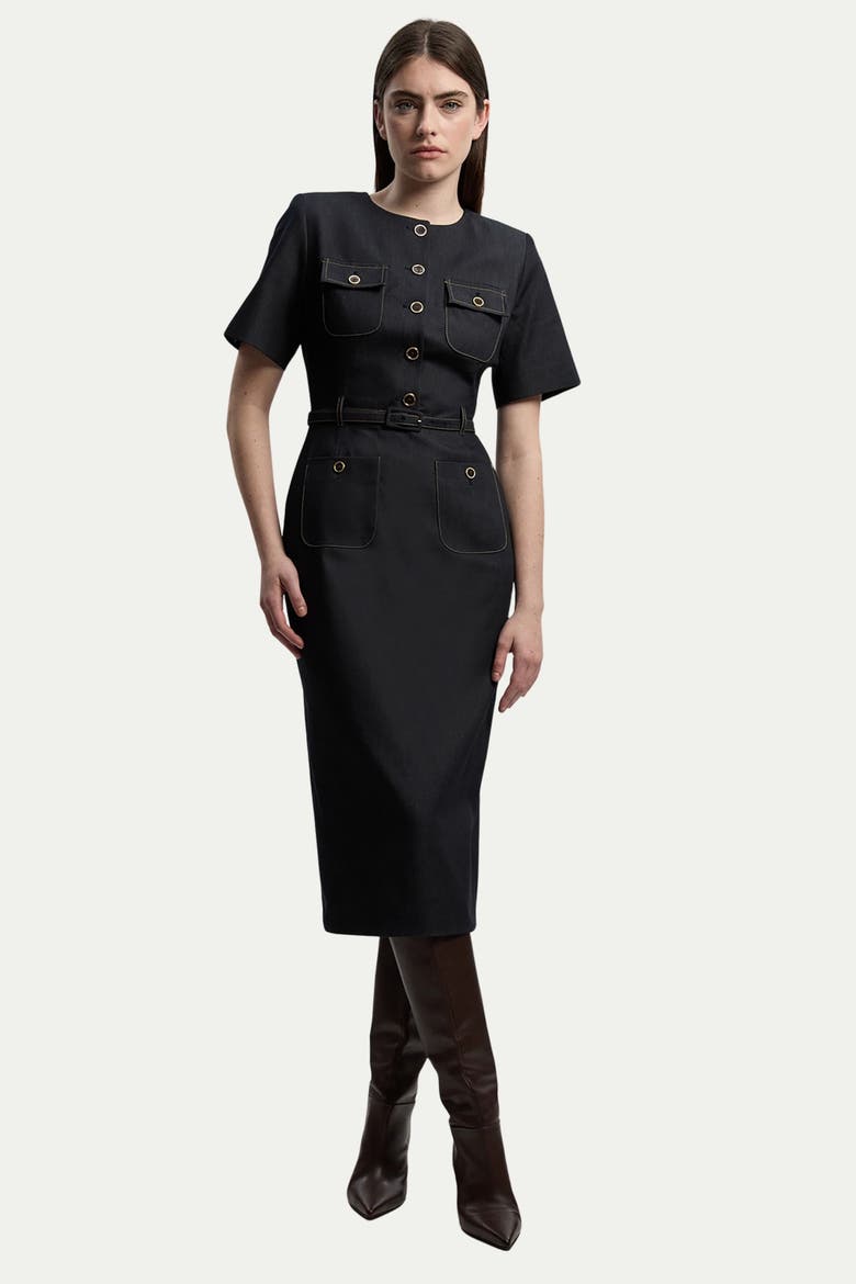 Tailored Denim Belted Midi Dress, Main, color, Indigo
