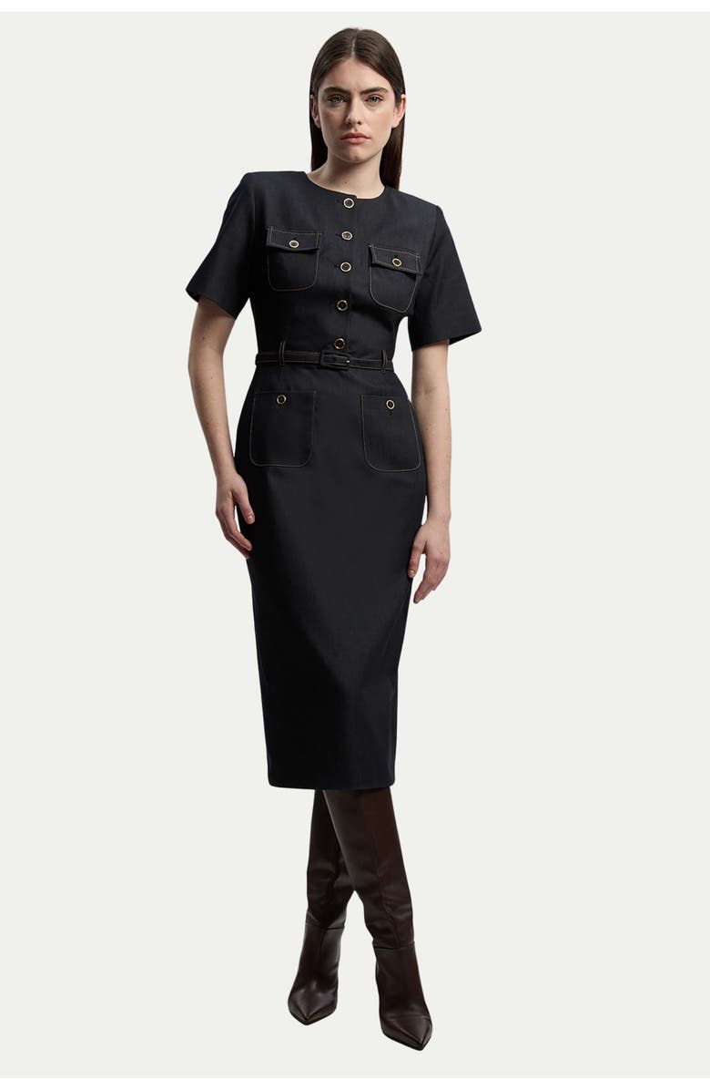 Karen Millen Tailored Denim Belted Midi Dress, Main, color, Indigo