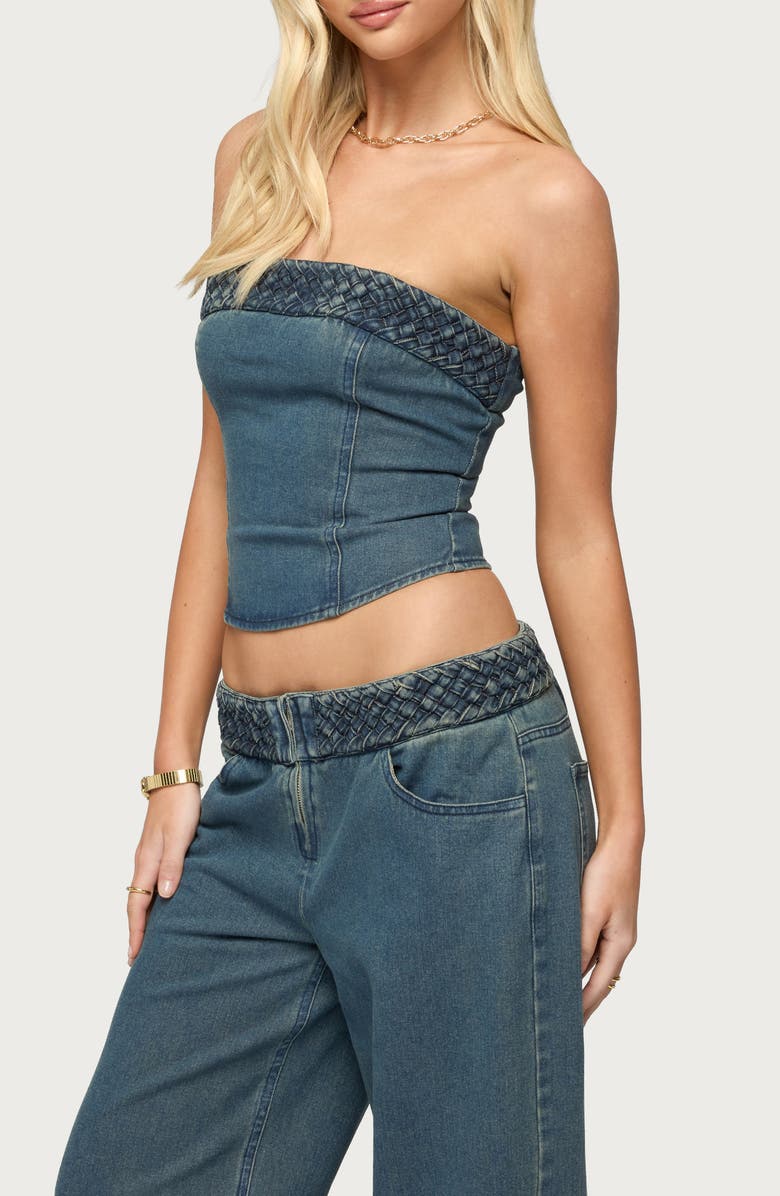 EDIKTED Braidey Strapless Lace-Up Denim Crop Top, Alternate, color,