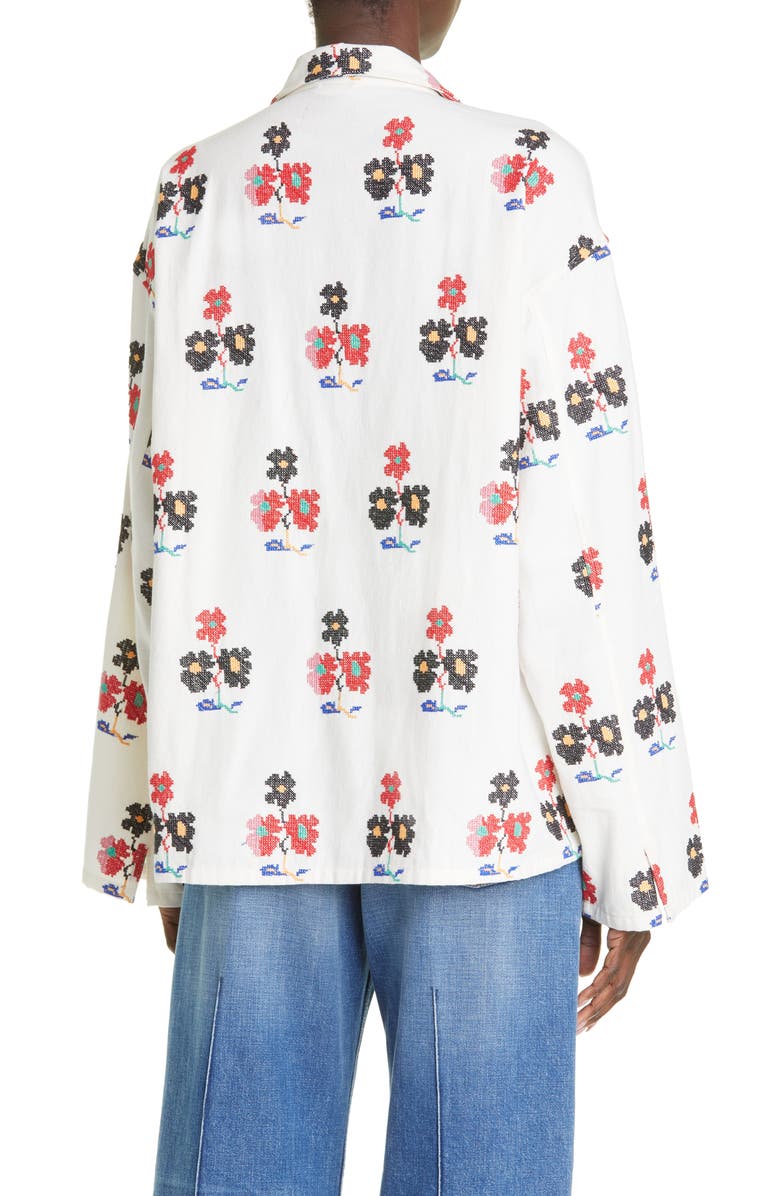 Bode Daisy Sprig Embroidered Cotton Shirt, Alternate, color,