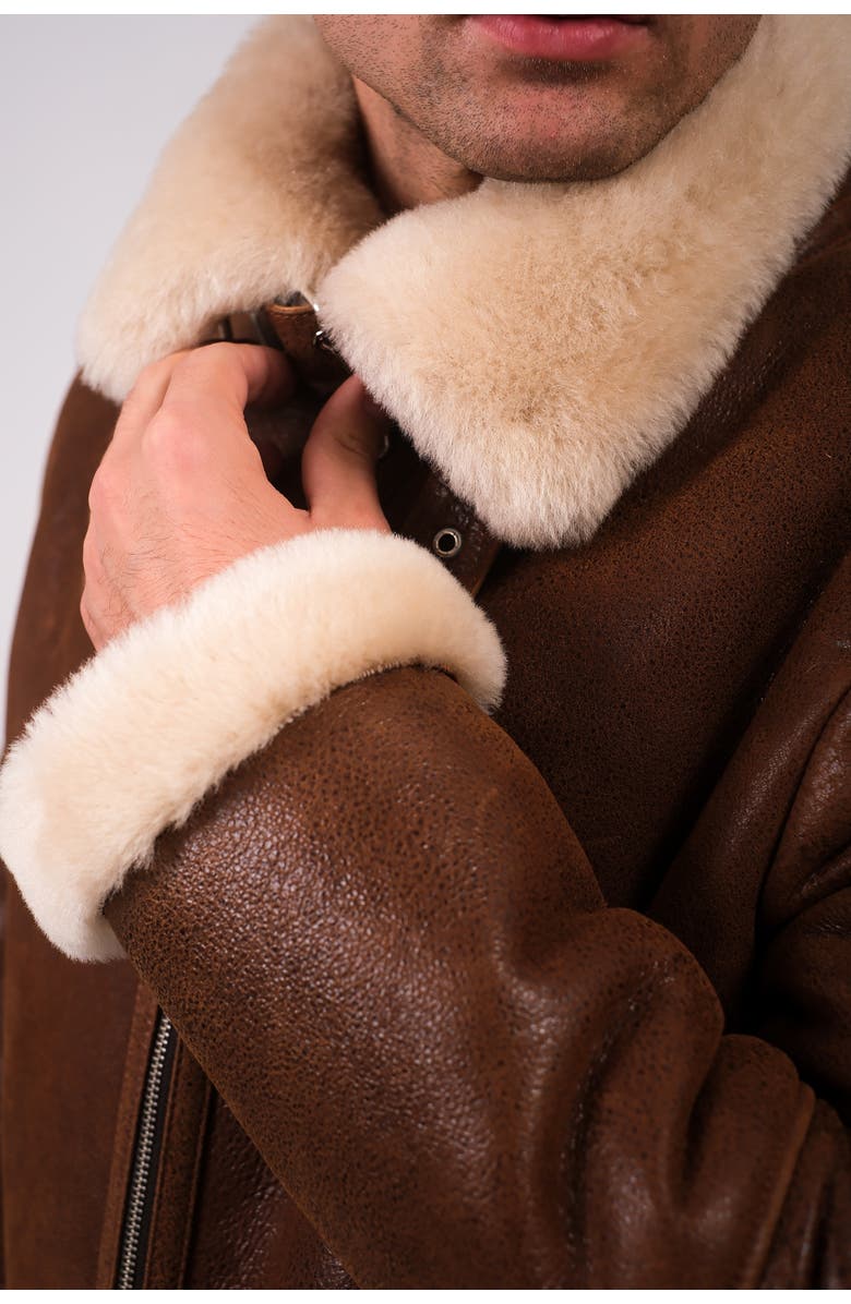 Furniq UK Rupert Textured Leather Shearling Aviator Jacket, Alternate, color, Brown