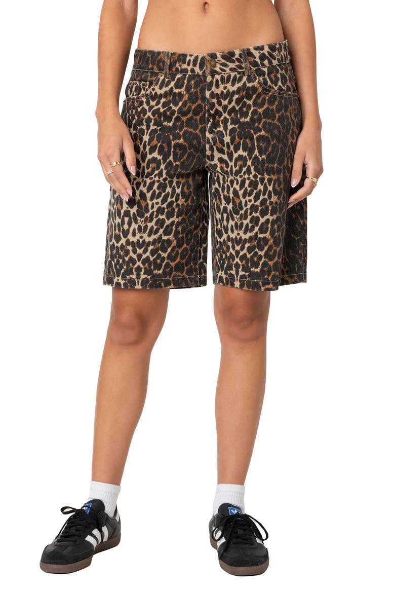 Low Rise Denim Bermuda Shorts, Main, color, LEOPARD