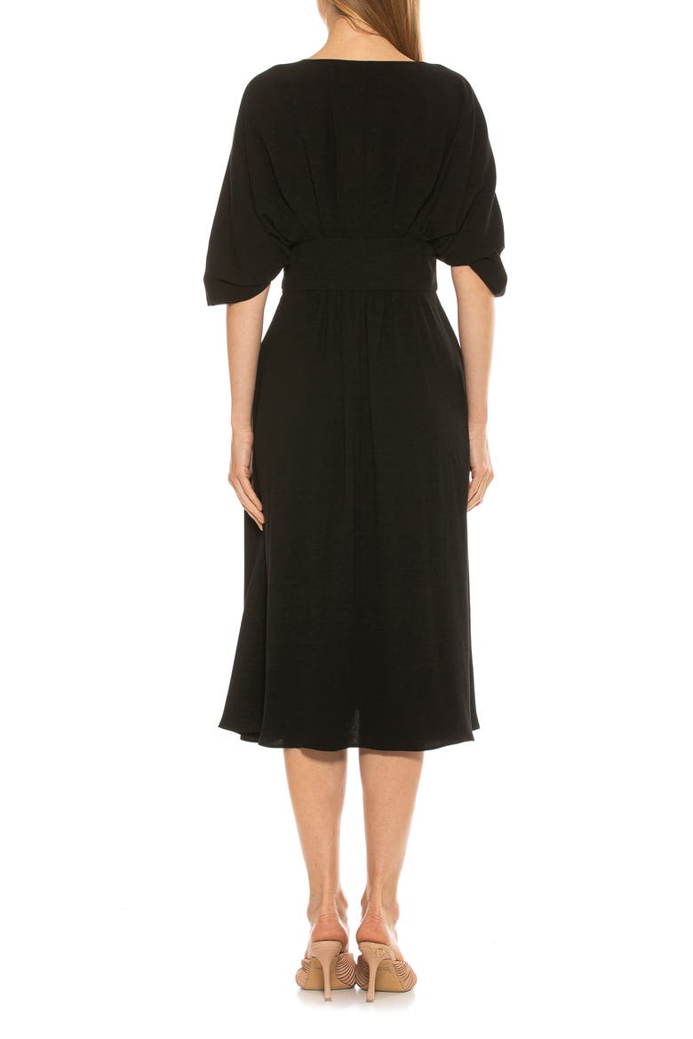 August Draped Midi Fit & Flare Dress, Alternate, color, BLACK