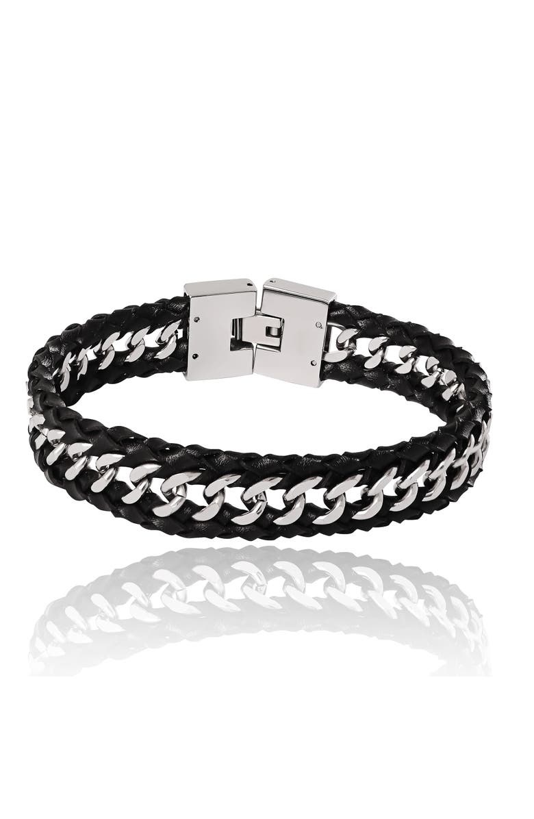 Lucky Brand Braided Leather and Chain Overlay Bracelet, Main, color, Silver