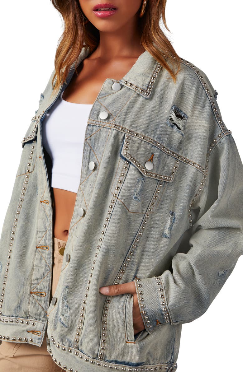 VICI Collection Kind of a Big Deal Stud Detail Distressed Denim Trucker Jacket, Alternate, color, 