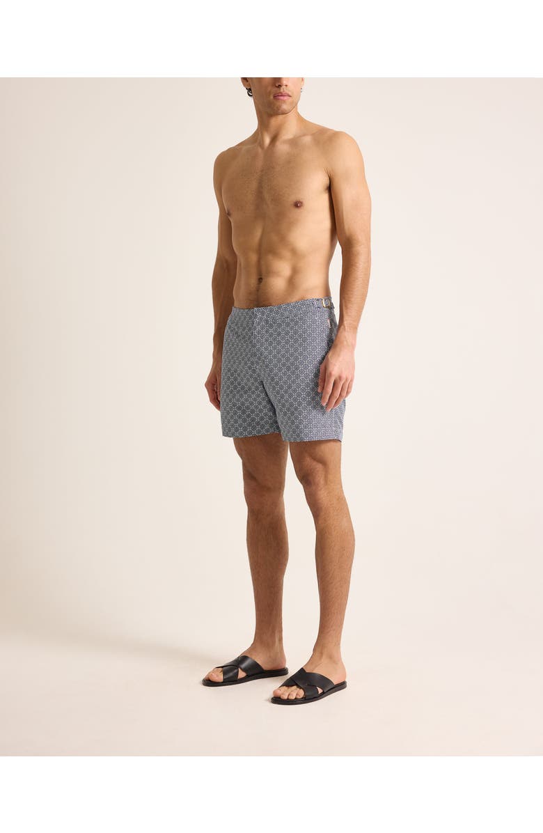 Orlebar Brown Bulldog Jacquard Mid-Length Classic Fit Jacquard Swim Shorts With Portico Print, Main, color, Night Iris/White Sand