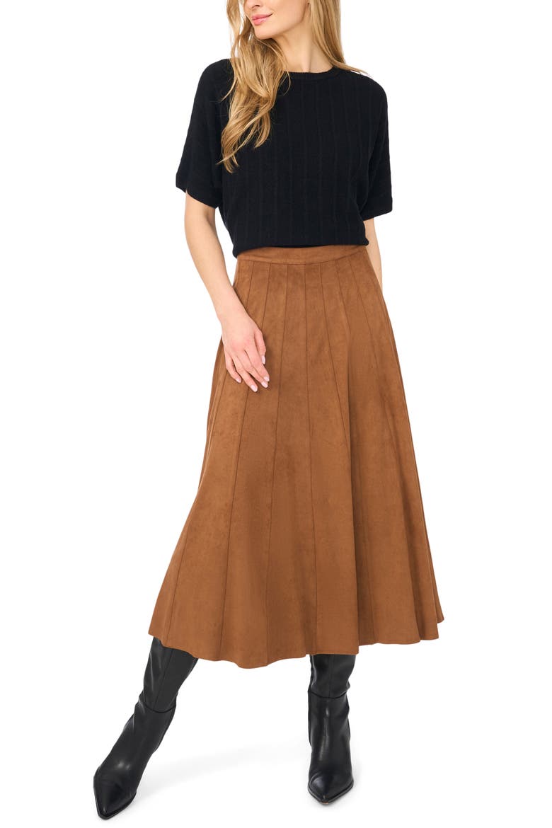 Panelled Pintuck Faux Suede Midi Skirt, Alternate, color, TOBACCO BROWN