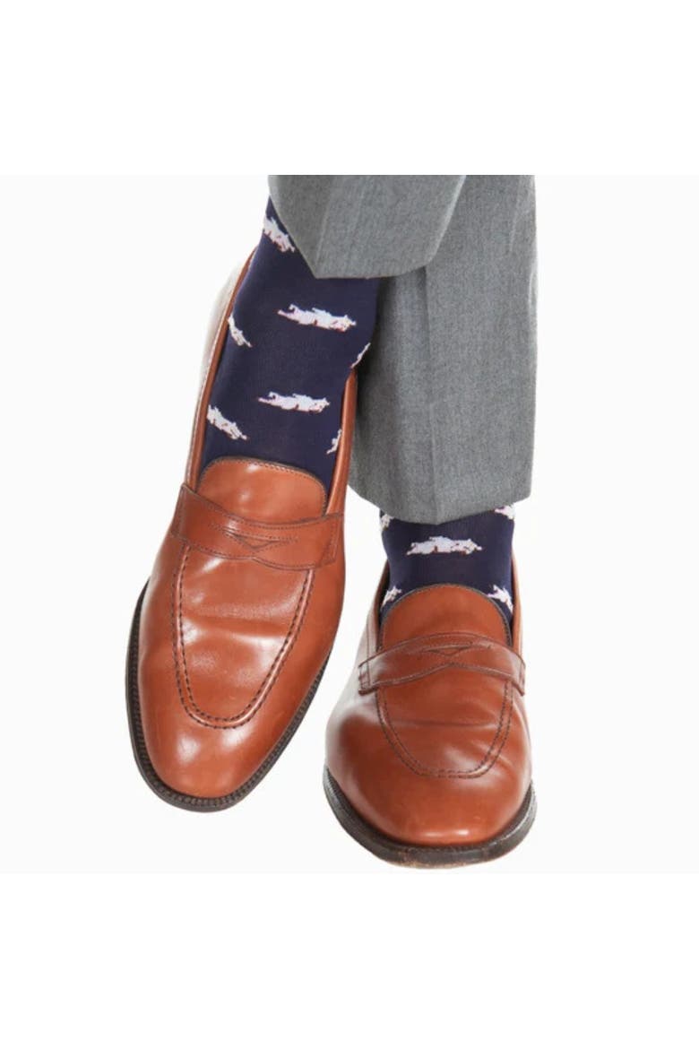 Penelope's Flying Pigs Over The Calf Mercerized Cotton Novelty Socks, Alternate, color, Navy Blue