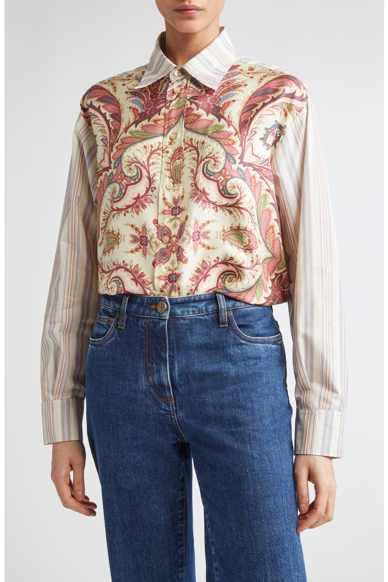 Paisley Stripe Silk Button-Up Shirt, Main, color, STAMPA F.DO BIANCO