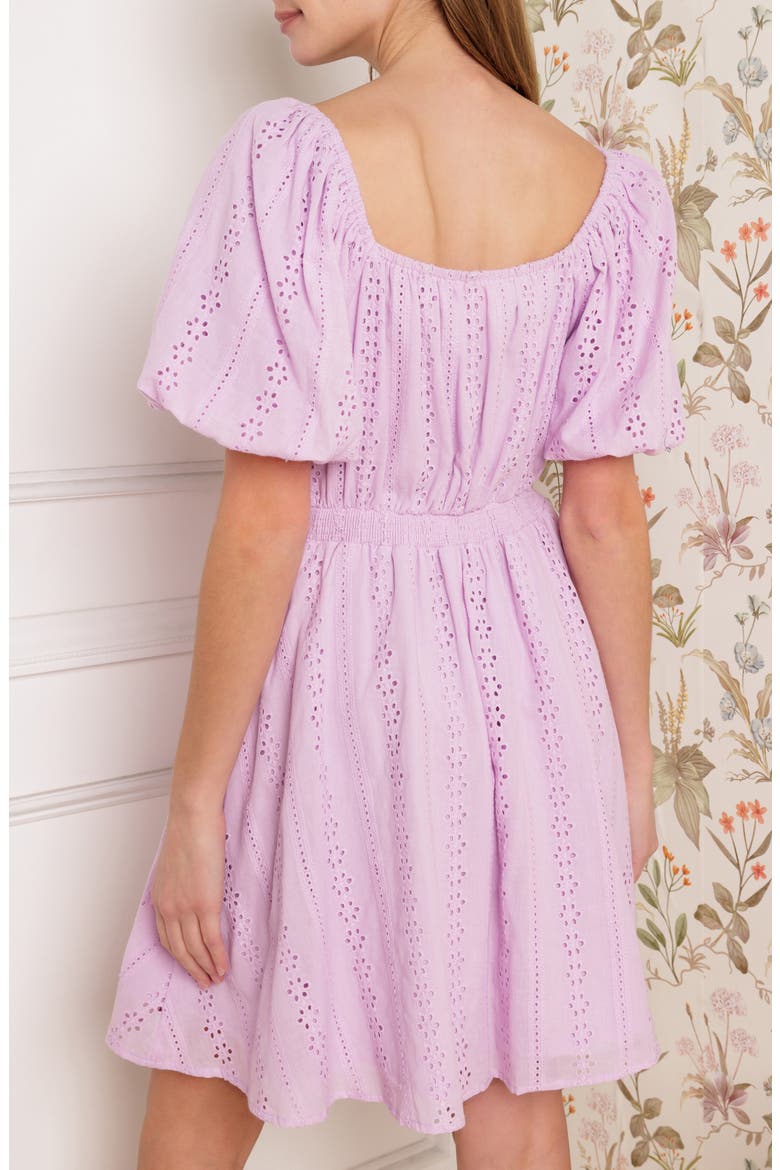 Embroidered Eyelet Puff Sleeve Cotton Minidress, Alternate, color, LILAC