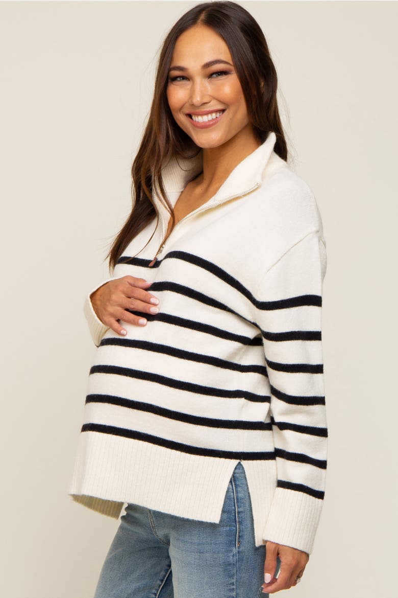 Striped Half Zip Sweater, Alternate, color, Ivory