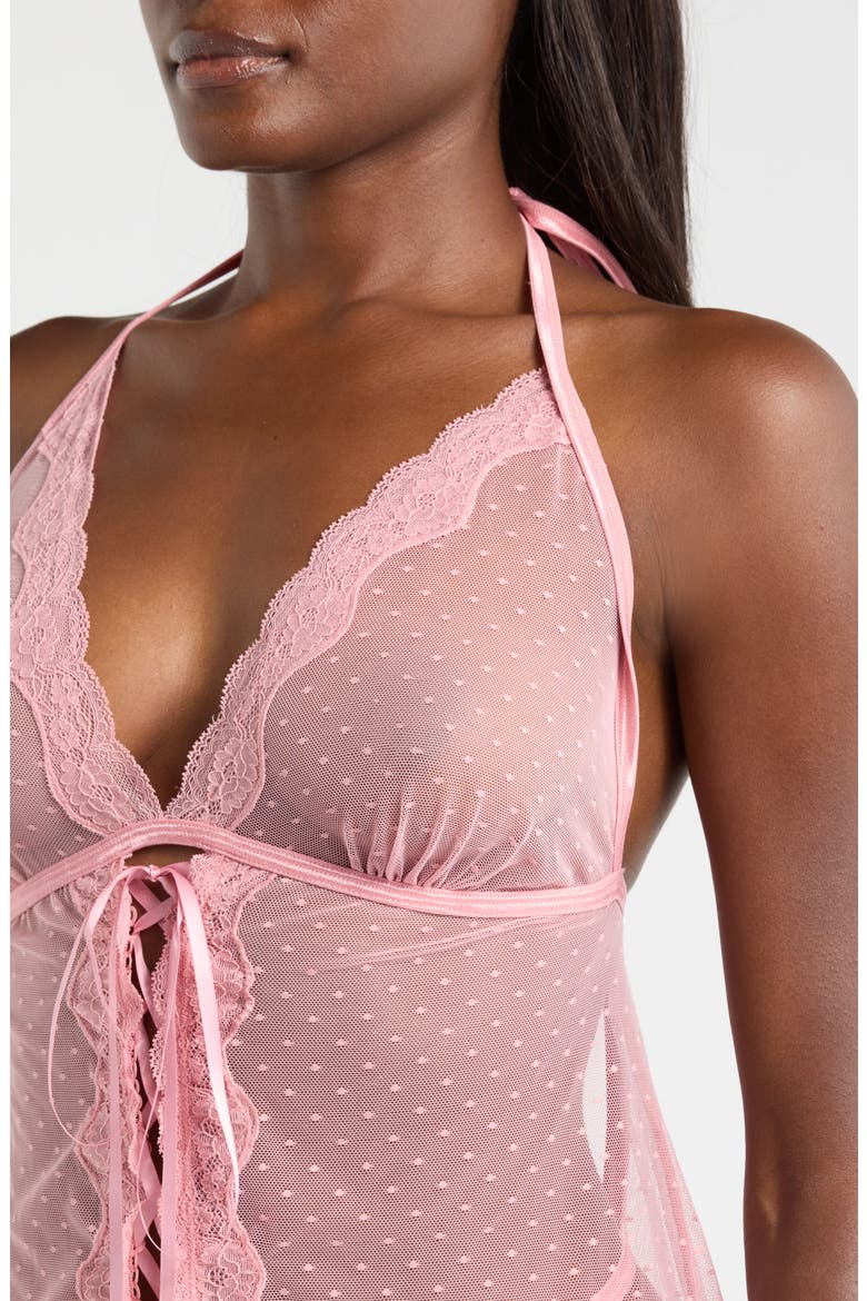 Swiss Dot Mesh Basque & G-String Set, Alternate, color, PETAL PINK