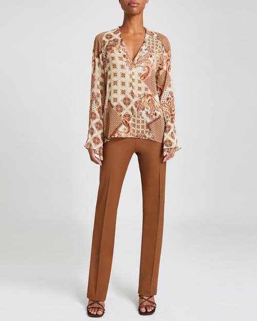 Santorelli Zuri V-neck Blouse With Flared Long Sleeves In Ochre Multi