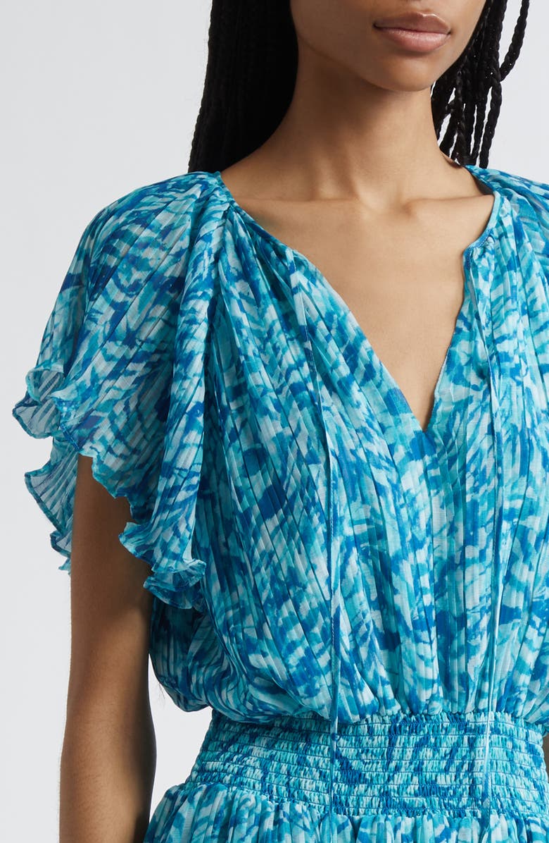 Ramy Brook Felicia Plissé Flutter Sleeve Minidress, Alternate, color, Beach Blue Tulum