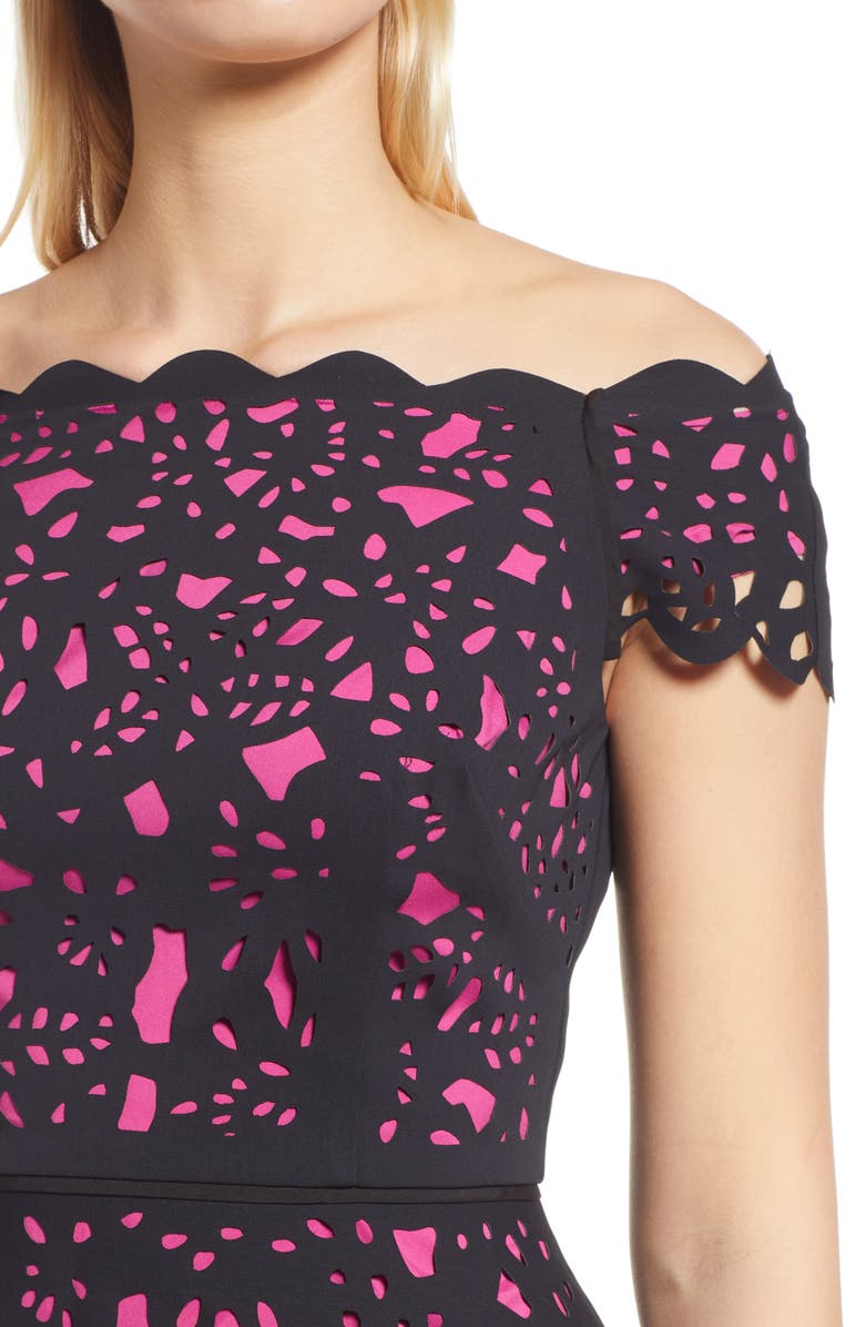 Shani Laser Cut Floral Off the Shoulder Fit & Flare Cocktail Dress, Alternate, color, 