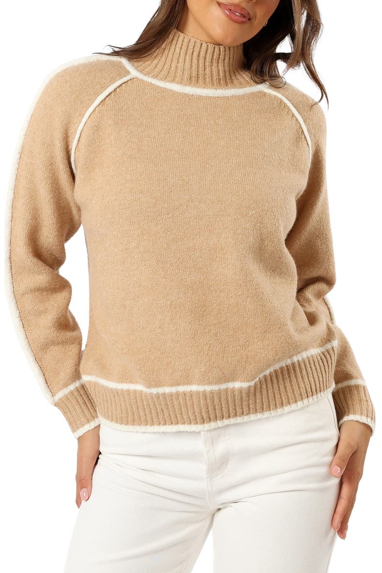 Rylee Contrast Trim Mock Neck Sweater, Main, color, CAMEL