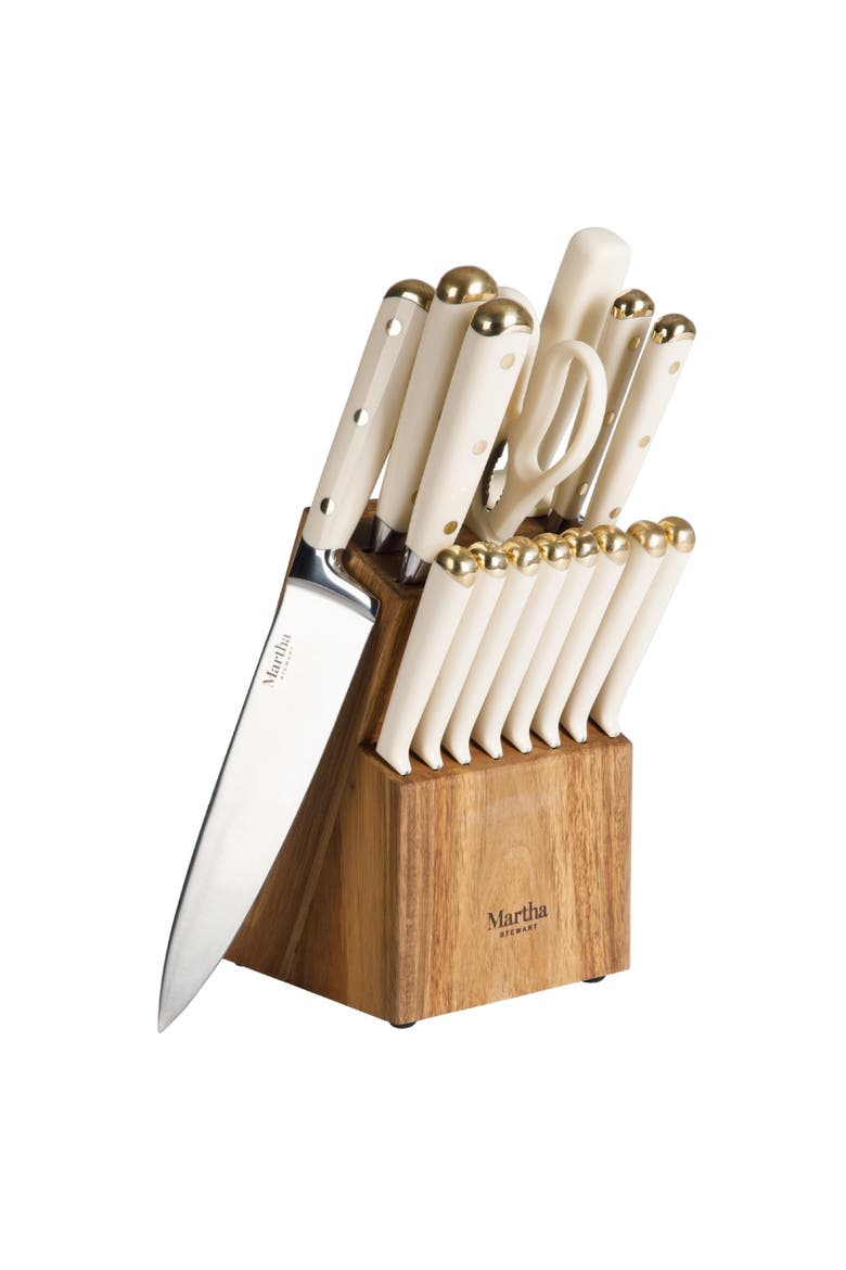 Lockton High-Carbon Stainless Steel Knife Block Set with Acacia Wood Block, Main, color, Linen White/Gold