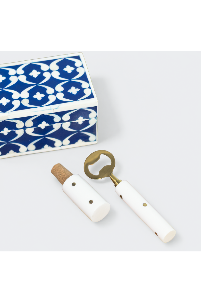 Lattice Bar Accessories Gift Set, Wooden Box with Bottle Opener & Stopper, Alternate, color, Lattice Blue