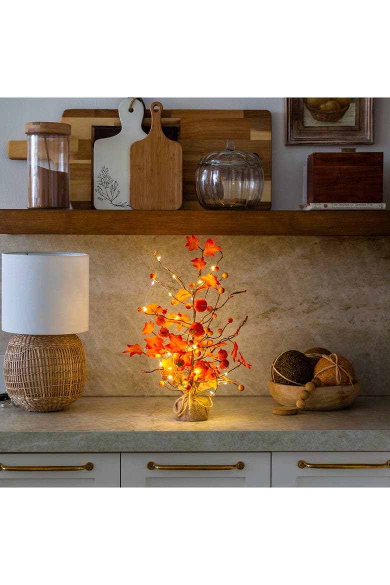 18-in Pre-Lit Artificial Maple Tree with Pumpkin Ornaments and 30 LED String Lights in Burlap Wrapped Base Base, Alternate, color, Orange