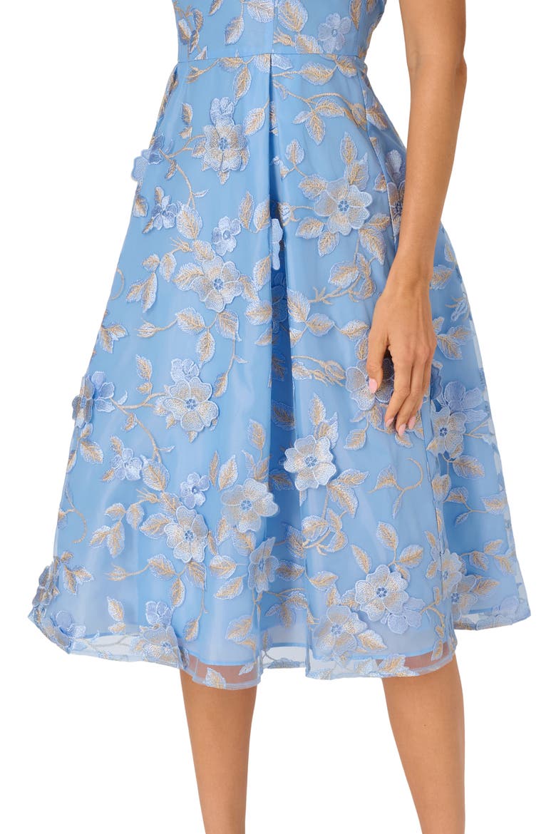 Floral Embroidered Fit & Flare Midi Cocktail Dress, Alternate, color, LIGHT BLUE/ GOLD