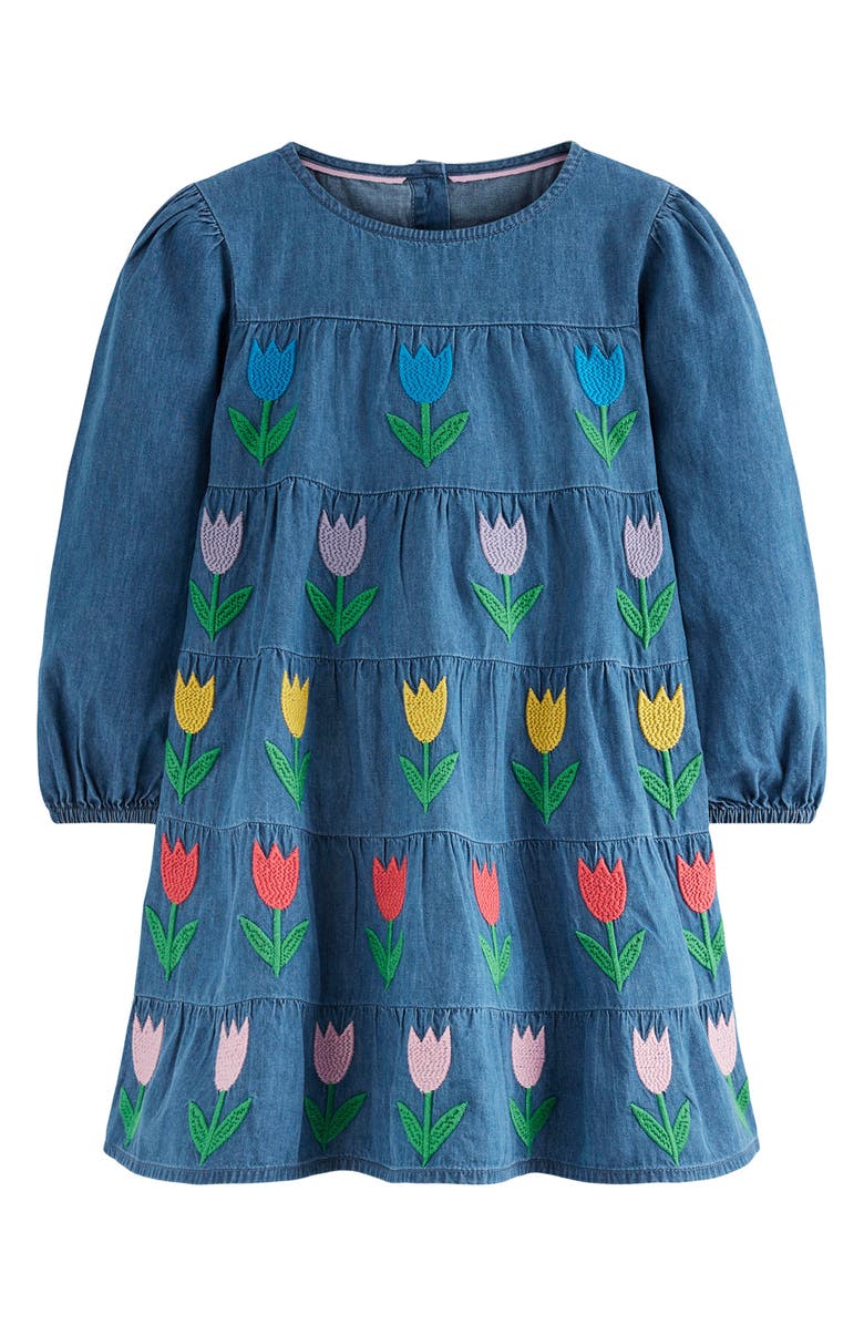 Mini Boden Kids' Tulip Embroidered Long Sleeve Denim Dress, Main, color, Mid Vintage Tulips