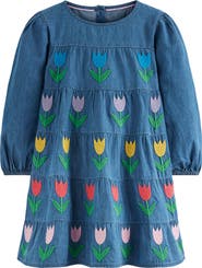 Mini Boden Kids' Tulip Embroidered Long Sleeve Denim Dress
