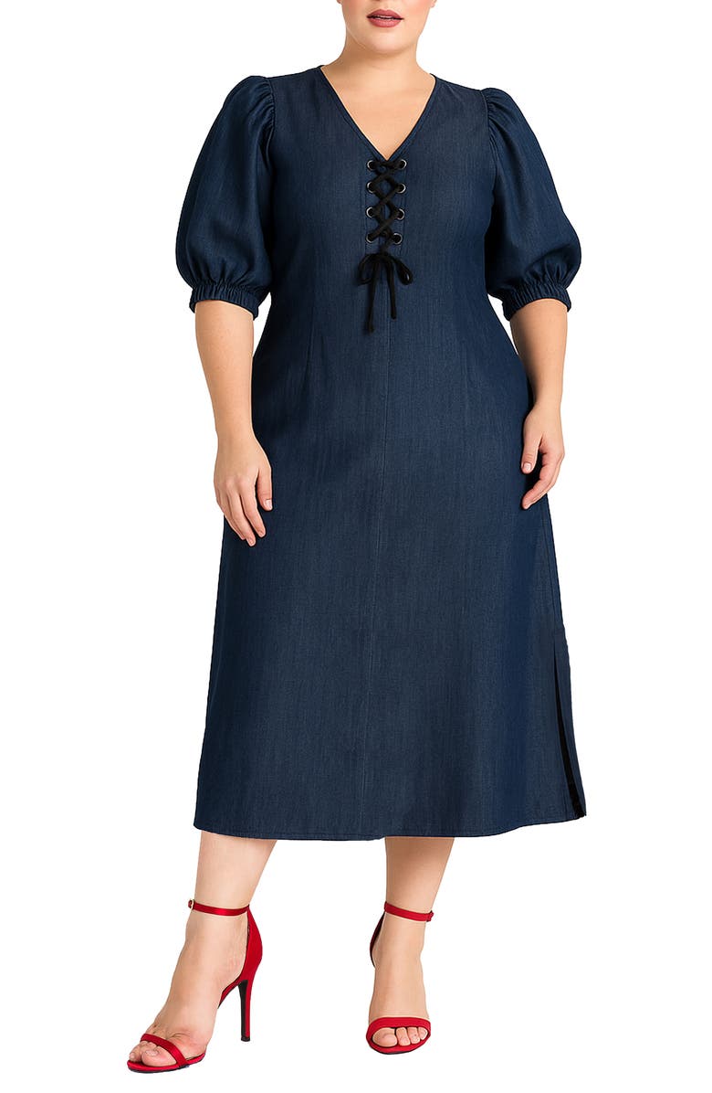 Standards & Practices Lace Up Puff Sleeve Denim Midi Dress, Main, color, 