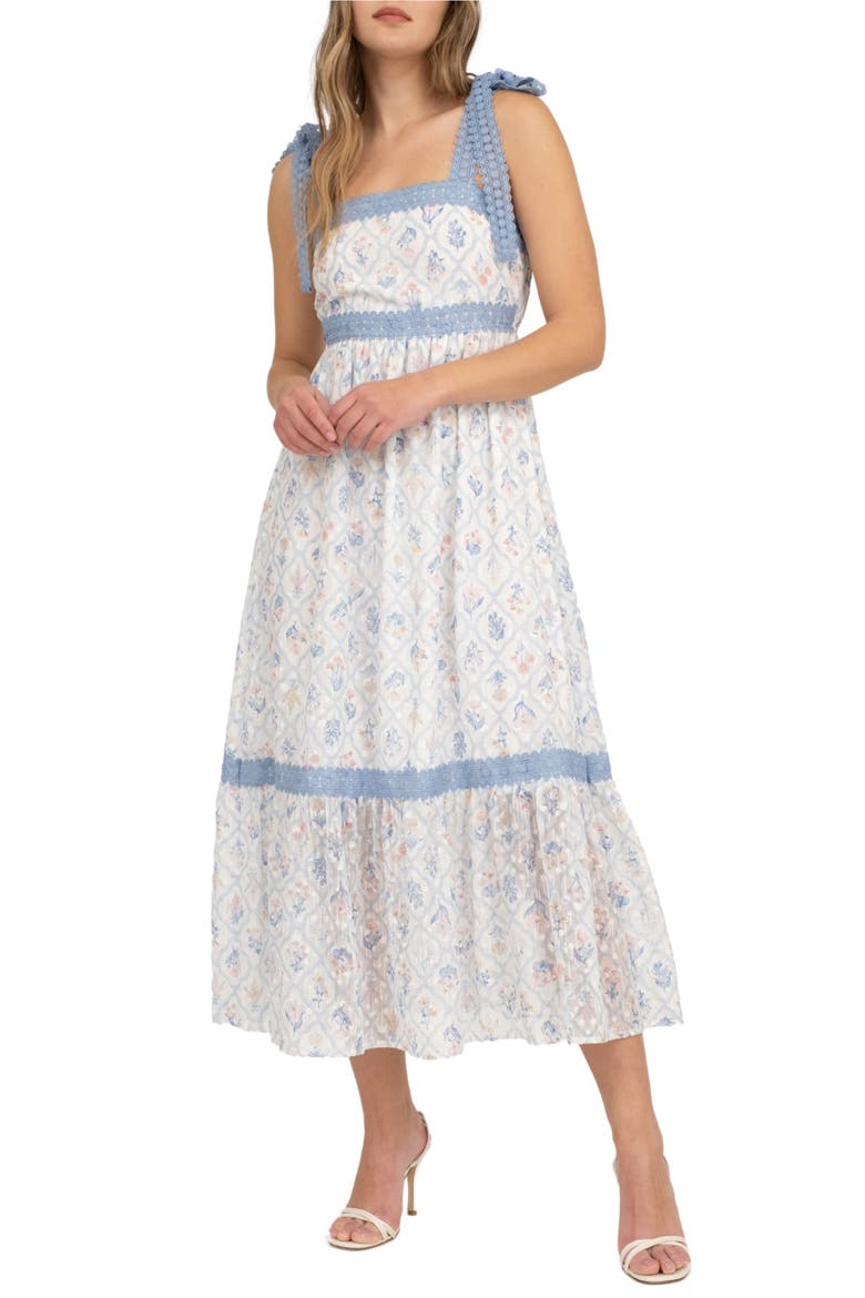 Floral Lace Tie Strap Empire Waist Midi Dress, Main, color, BLUE MULTI