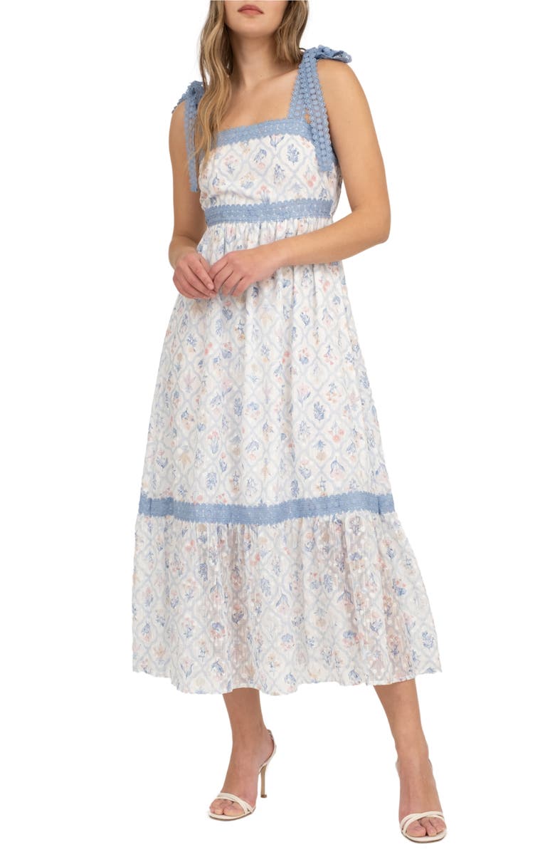 AUGUST SKY Floral Lace Tie Strap Empire Waist Midi Dress, Main, color, Blue Multi