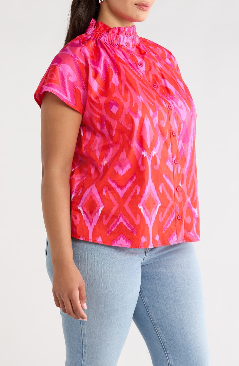 SUGARLIPS Blevin Ikat Patma Button-Up Mock Neck Top, Alternate, color, Red-Pink-Combo