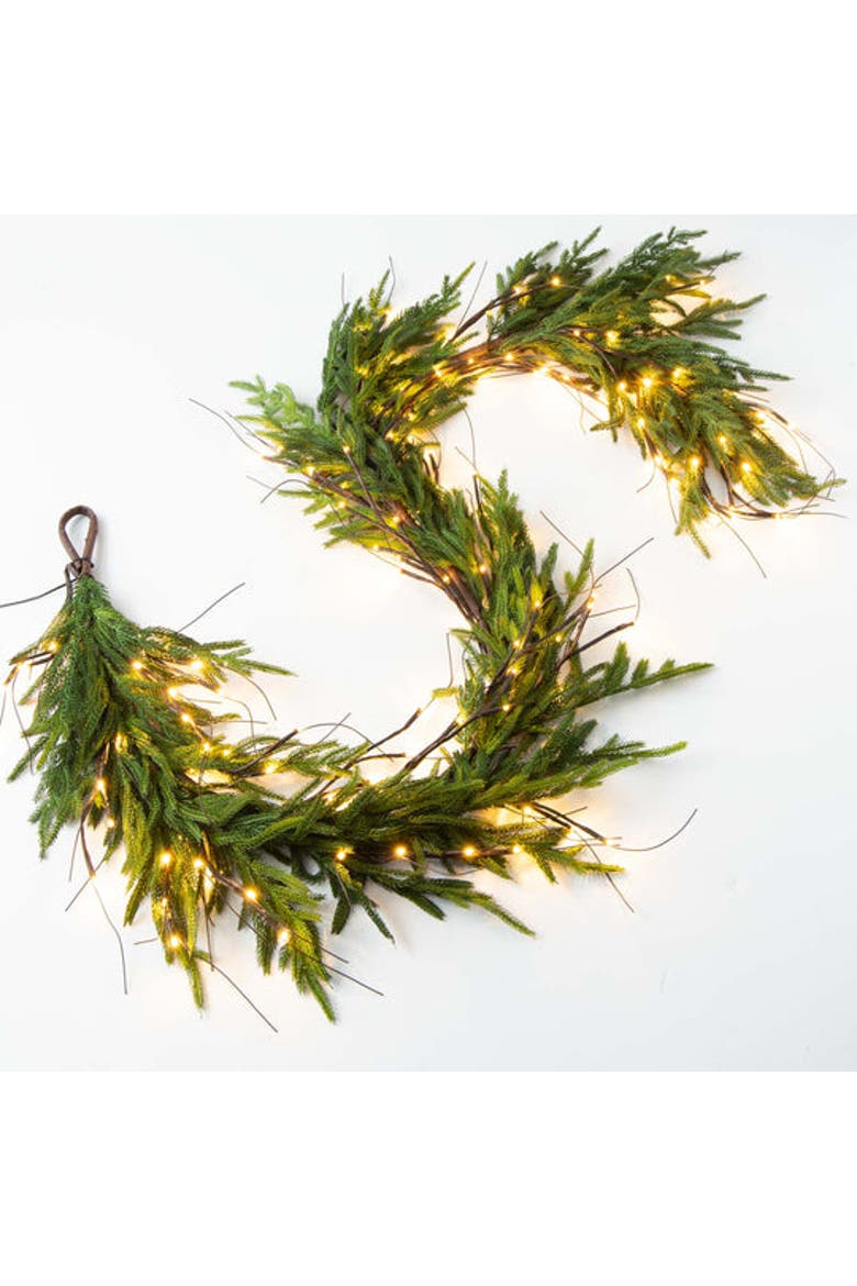 Twig Light & Real Touch Green Norfolk Pine Pre-Lit Winter Christmas Mantle Garland Table Runner, Main, color, Green