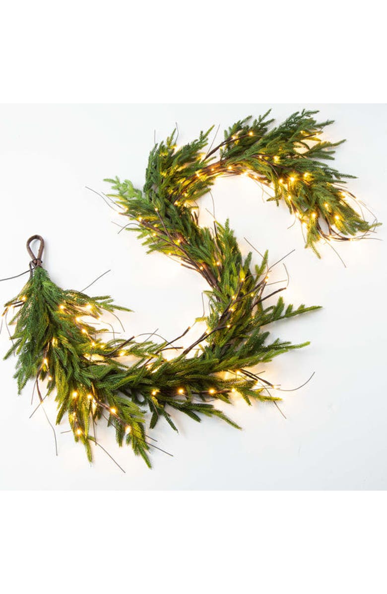 Darby Creek Trading Twig Light & Real Touch Green Norfolk Pine Pre-Lit Winter Christmas Mantle Garland Table Runner, Main, color, Green