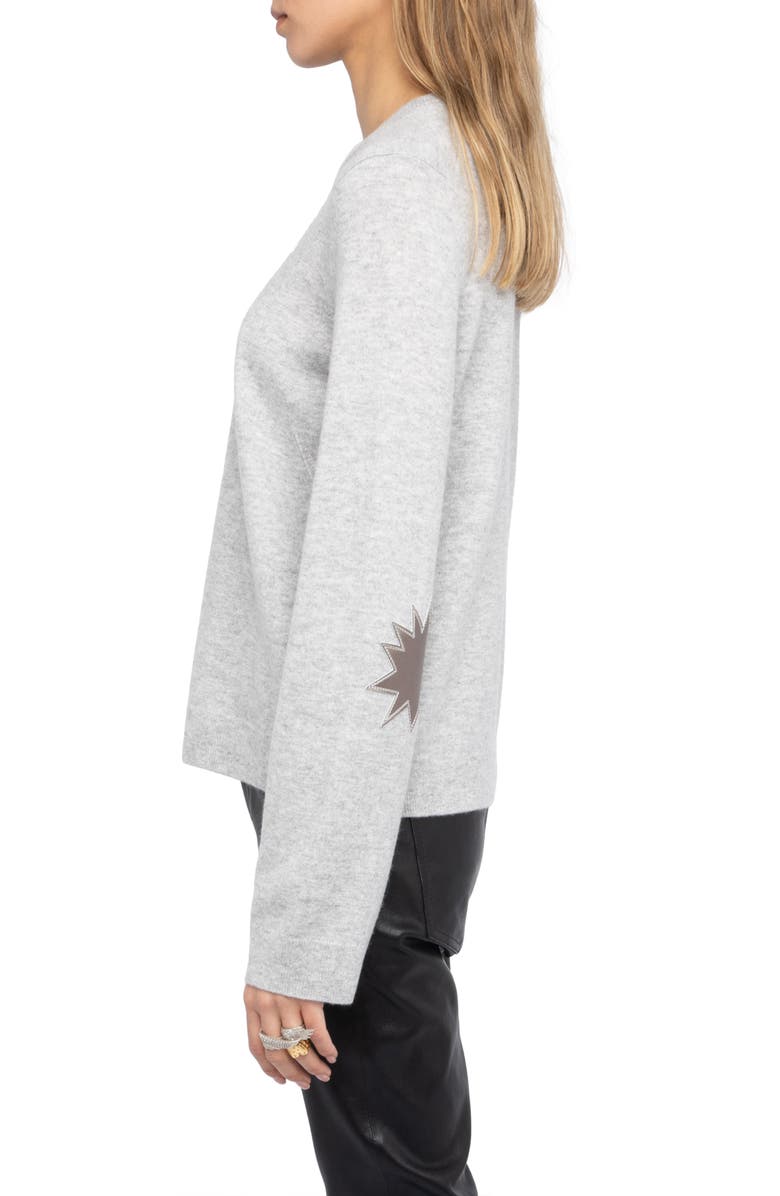 Zadig & Voltaire Cera Wool & Cashmere Sweater with Leather Elbow Patches, Alternate, color, Light Grey