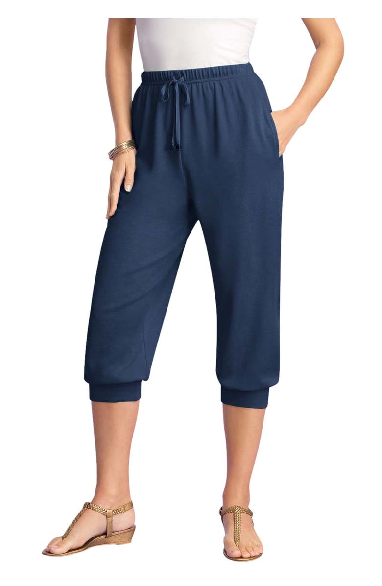 Roaman's Plus Size Soft Knit Capri Pant With Drawstring Waist, Main, color, Navy